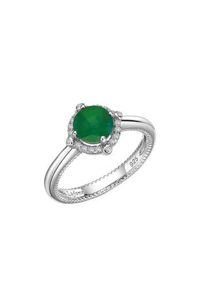 Lafonn Sterling Silver, Simulated Diamond & Simulated Emerald Round Halo Ring In White/emerald