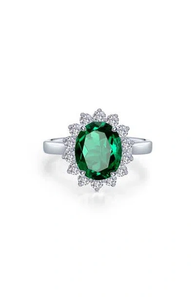 Lafonn Sunburst Oval Simulated Emerald & Simulated Diamond Halo Ring In Metallic
