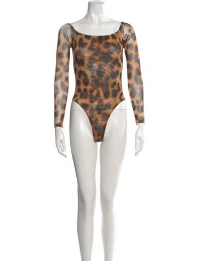 Pre-owned L'agence Animal Print Square Neckline Bodysuit In Brown