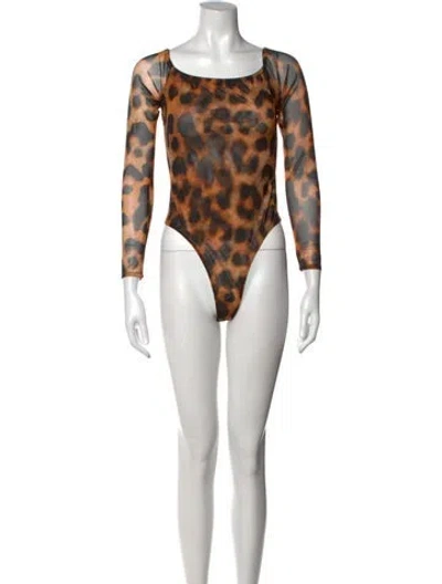 Pre-owned L'agence Animal Print Square Neckline Bodysuit In Brown