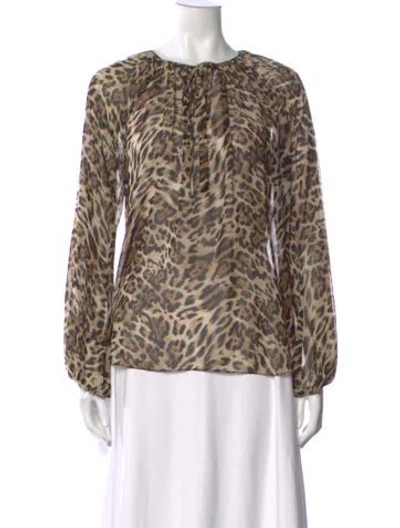 Pre-owned L'agence Animal Print Tie Neck Blouse In Brown