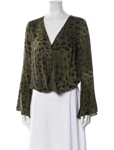 Pre-owned L'agence Animal Print V-neck Blouse In Green