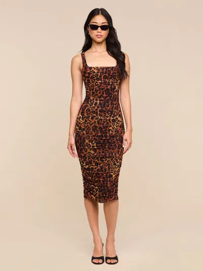 L'agence Anya Shirred Dress In Tan Multi Javan Leopard