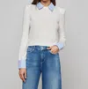 L'agence April Poplin Collar Pullover In White Blue Stripe In Neutral