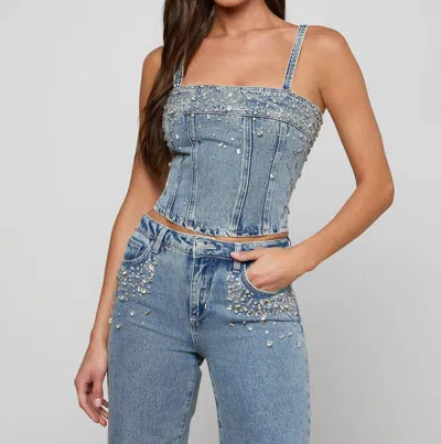 L'agence Arlin Embellished Denim Tank Top In Malibu In Blue