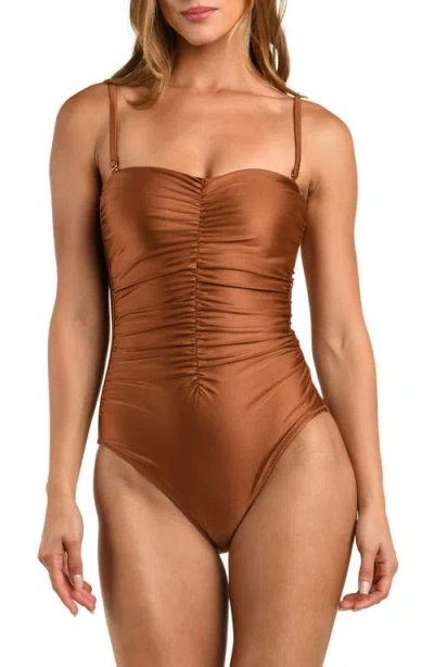 L'agence Aubrey Ruched Shimmer One-piece Swimsuit In Brown