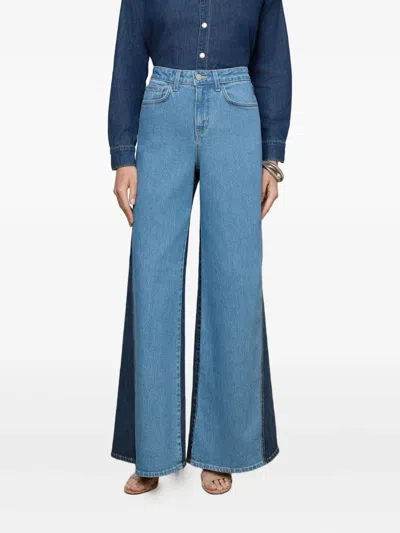 L'agence Beau High Rise Wide Leg Contrast Pants In Paso In Blue