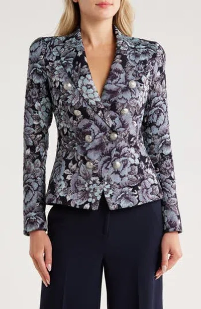 L'agence Bethany Structured Double Breasted Blazer In Black/ Midnight Floral Mutli