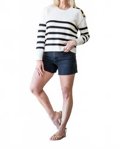 L'agence Bishop Striped Crew Sweater Top In Ivory/black/gold Stripe In Multi