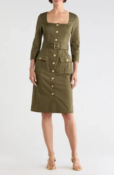 L'agence Bordeaux Square Neck Belted Midi Dress In Green