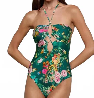 L'agence Botanical Halter One-piece Swimsuit In Green Floral In Metallic