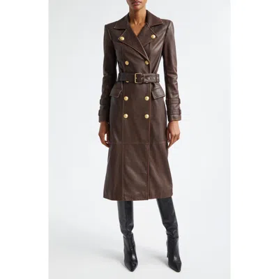 L'agence Celina Double Breasted Leather Trench Coat In Chocolate