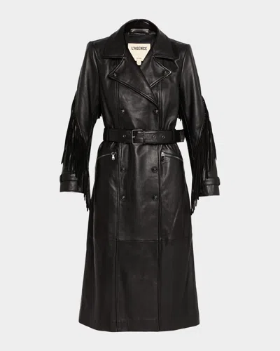 L'agence Celina Leather Fringe Trench Coat In Black