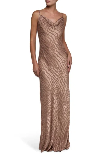 L'agence Christine Cowl Neck Burnout Satin Gown In Animal Print