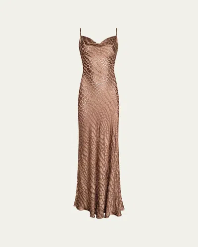 L'agence Christine Cowl-neck Burnout Satin Gown In Brown