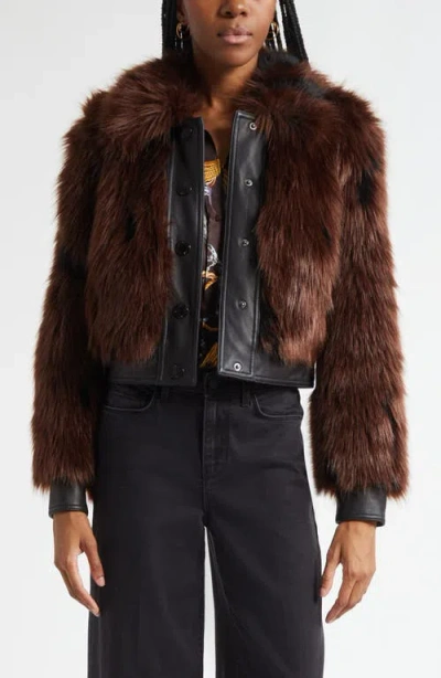 L'agence Claira Faux Leather Trim Faux Fur Jacket In Brown