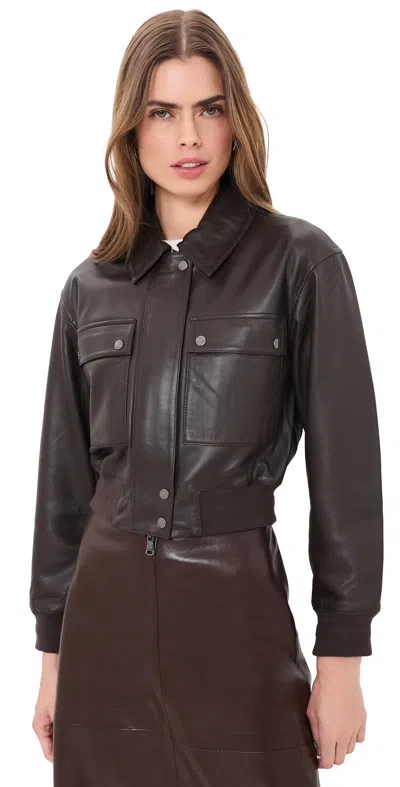 L'agence Clotilde Leather Bomber Jacket Brunette