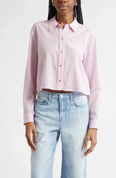 L'agence Cosette Stripe High-low Cotton Crop Button -up Shirt In Pink