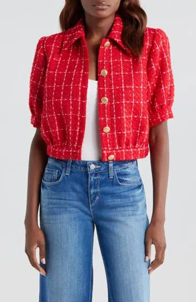 L'agence Cove Plaid Short Sleeve Crop Tweed Jacket In Red/ Hot Pink Plaid