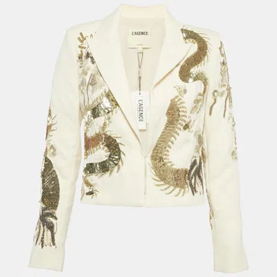 Pre-owned L'agence Cream Denim Noely Embellished Blazer S In White