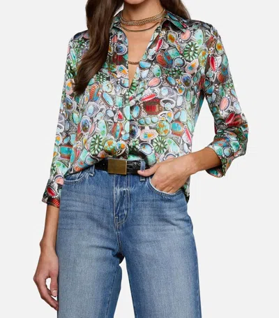 L'agence Dani 3/4 Sleeve Blouse In Multi Mix Turquoise Rings In Blue
