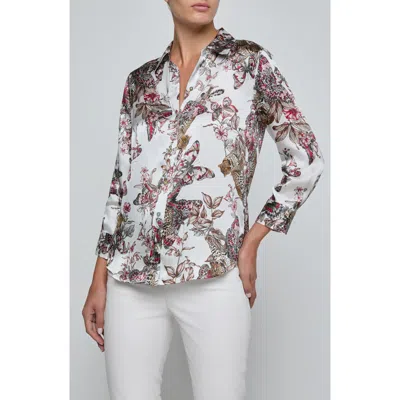 L'agence Dani Butterfly Print Three-quarter Sleeve Silk Button-up Shirt In Multi