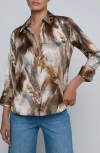 L'agence Dani Feather Print Three-quarter Sleeve Silk Button-up Shirt In Brown