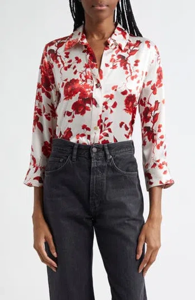 L'agence Dani Floral Silk Charmeuse Blouse In Ivoryred