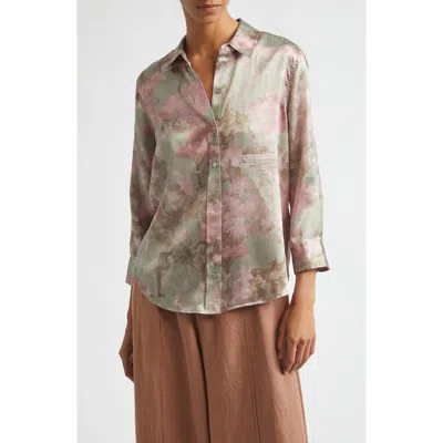 L'agence Dani Floral Three-quarter Sleeve Silk Button-up Shirt In Green