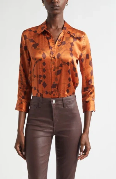 L'agence Dani Playing Card Print Silk Button-up Shirt In Orange