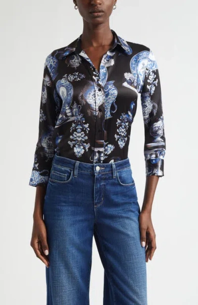 L'agence Dani Pottery Print Silk Button-up Shirt In Multi