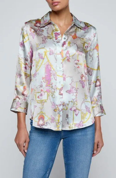L'agence Dani Print Three-quarter Sleeve Silk Button-up Shirt In Blue