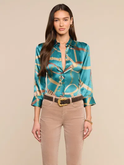 L'agence Dani Silk Blouse In Viridian Multi Leather Belt