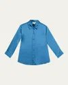 L'agence Dani Silk Satin 3/4-sleeve Button-down Blouse In Blue