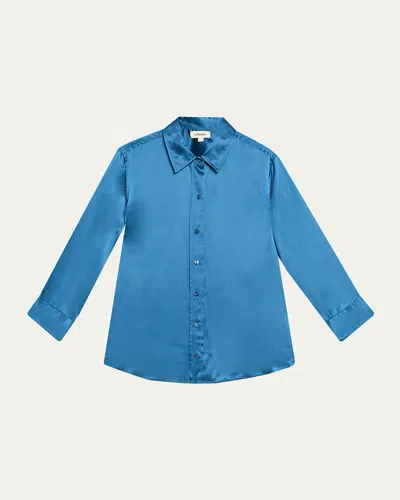 L'agence Dani Silk Satin 3/4-sleeve Button-down Blouse In Blue