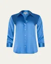 L'agence Dani Silk Satin 3/4-sleeve Button-down Blouse In Blue
