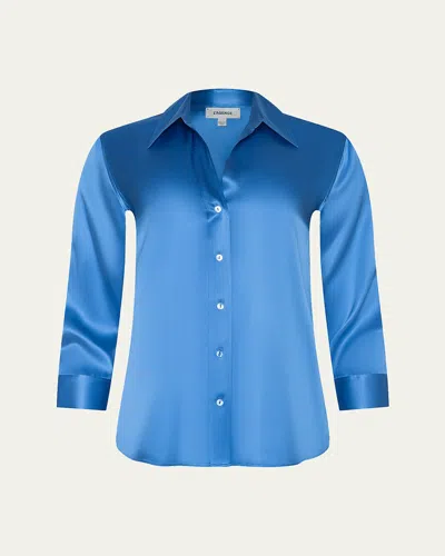 L'agence Dani Silk Satin 3/4-sleeve Button-down Blouse In Blue