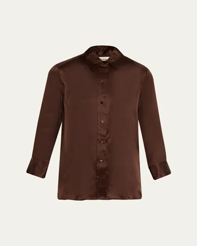 L'agence Dani Silk Satin 3/4-sleeve Button-down Blouse In Brown