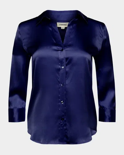 L'agence Dani Silk Satin 3/4-sleeve Button-down Blouse In Blue