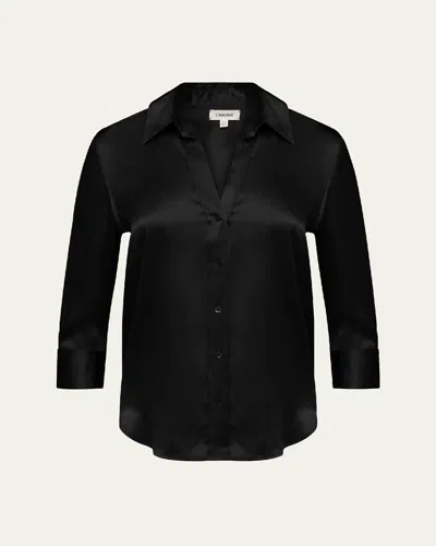 L'agence Dani Silk Satin 3/4-sleeve Button-down Blouse In Black
