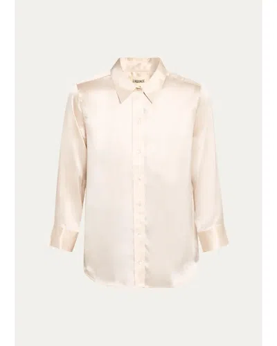 L'agence Dani Silk Satin 3/4-sleeve Button-down Blouse In Pink