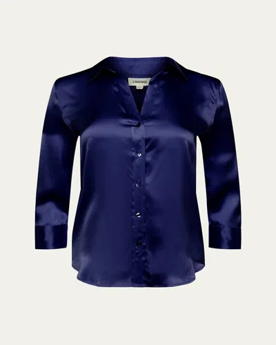 L'agence Dani Silk Satin 3/4-sleeve Button-down Blouse In Indigo