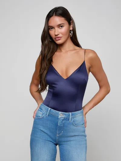 L'agence Dara Stretch-satin Bodysuit In Blue