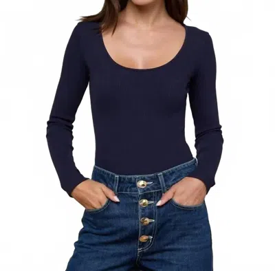 L'agence Elara Long Sleeve Scoop Neck Bodysuit In Deep Midnight In Blue