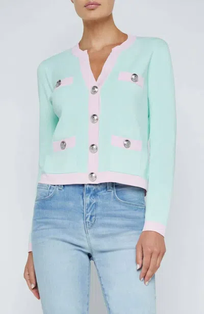 L'agence Estefania Trim Cardigan In Pale Jade/ Pink In Multi