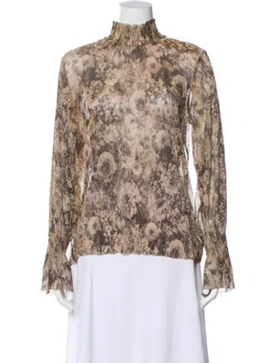 Pre-owned L'agence Floral Print Mock Neck Blouse In Brown