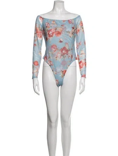Pre-owned L'agence Floral Print Off-the-shoulder Bodysuit In Blue