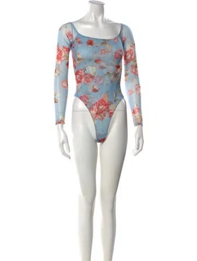 Pre-owned L'agence Floral Print Square Neckline Bodysuit In Blue