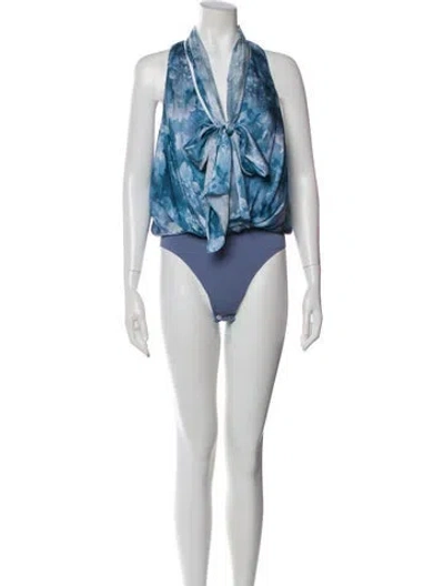 Pre-owned L'agence Floral Print Tie Neck Bodysuit W/ Tags In Blue