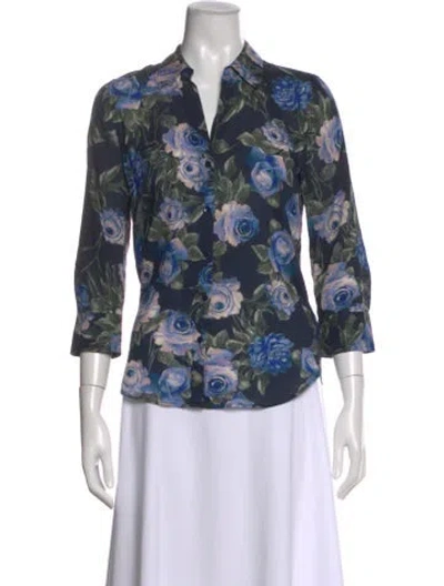 Pre-owned L'agence Floral Print V-neck Blouse In Blue